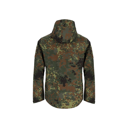 Rückansicht der Adversary Force Waterproof Jacket Alpha in 5FTD Tarnmuster mit Kapuze und taktischem Design