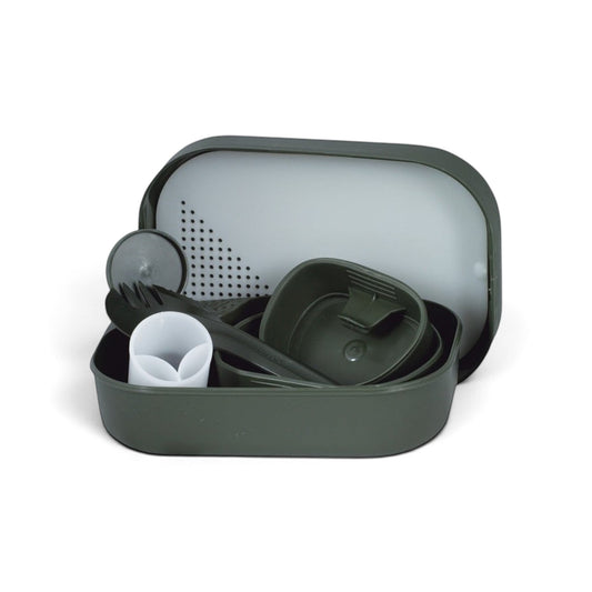 Adversary Force Wildo Camp-A-Box 7-piece olive camping mess kit with bowls, spork, folding cup, and spice shaker.